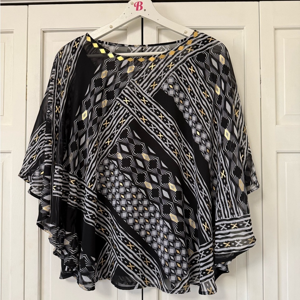 Black/White/Gold Tank Top with Sheer Poncho Overlay Boho Festival Dressy Women’s